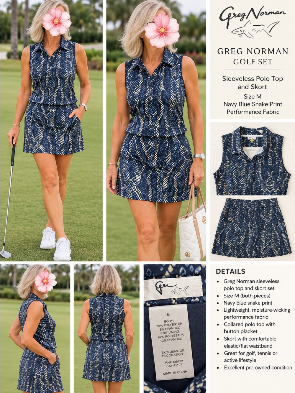 Greg Norman Collection Navy Blue Snake Print Sleeveless Polo Skort Set